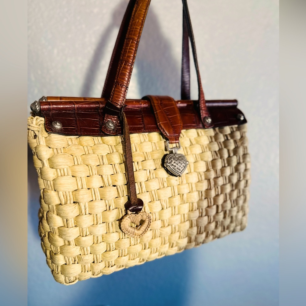 BRIGHTON Brown Crock Leather Naturar Straw Satchel Top Handles Bag Handbag